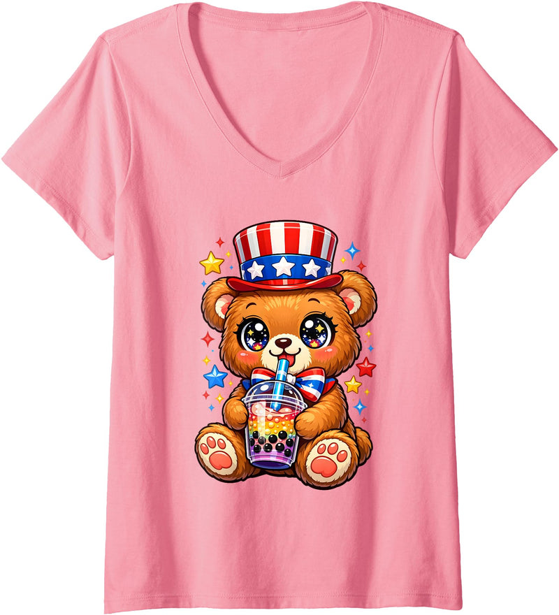 Kawaii Red White and Blue Fourth July Little Kids Women's Cute Teddy Bear Patriotic 4th July Gift Bubble Boba Tea USA V-Neck T-Shirt - Pink