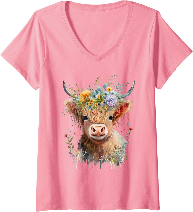 From Dyzamora Womens Super Cute Watercolor Baby Highland Cow - Adorable V-Neck T-Shirt - Pink