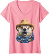 Whimsical Coastal Animals Beachgoers Women's Cute Polar Bear with Sunglasses and Straw Hat Animal Summer V-Neck T-Shirt - Pink