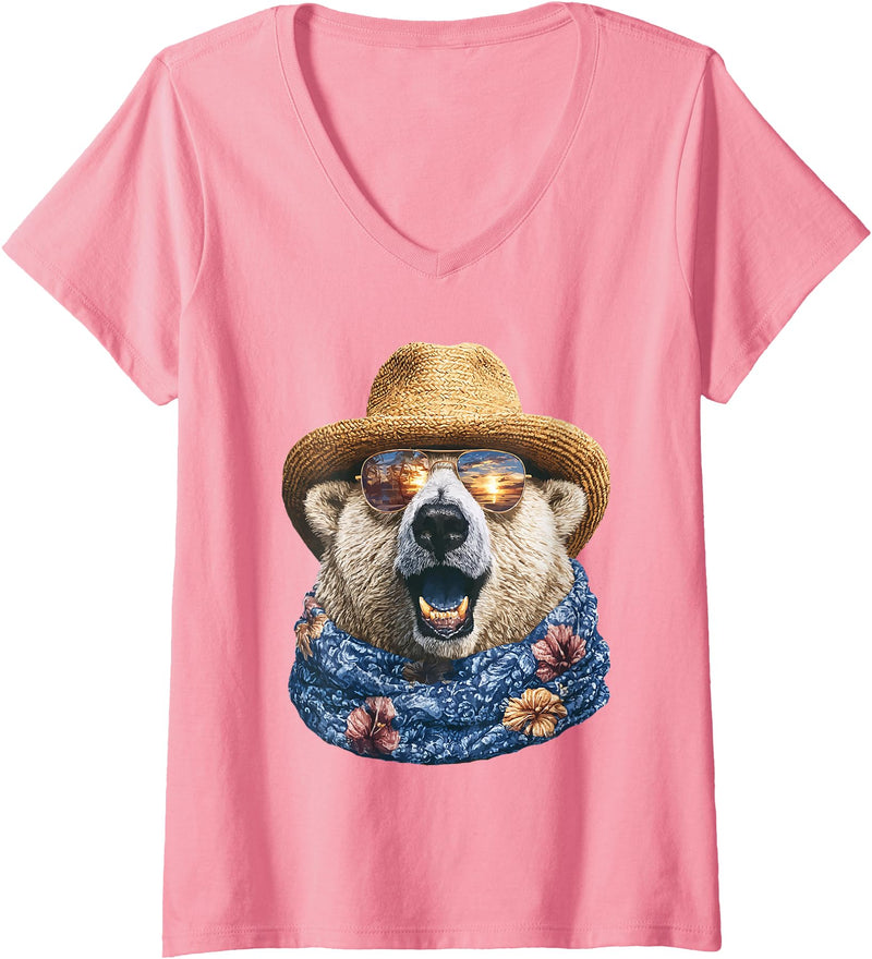 Whimsical Coastal Animals Beachgoers Women's Cute Polar Bear with Sunglasses and Straw Hat Animal Summer V-Neck T-Shirt - Pink