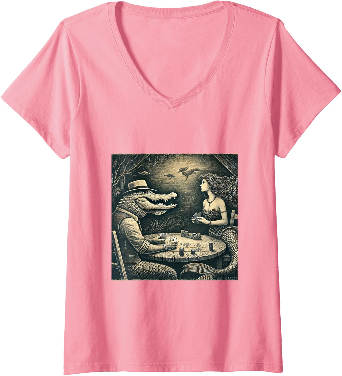 Women's Alligator and Mermaid Playing Poker Sketch V-Neck T-Shirt - Pink