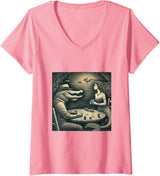 Women's Alligator and Mermaid Playing Poker Sketch V-Neck T-Shirt - Pink