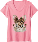 Women's Cute Bunny Rabbit Face Leopard Coquette Bow V-Neck T-Shirt in Pink