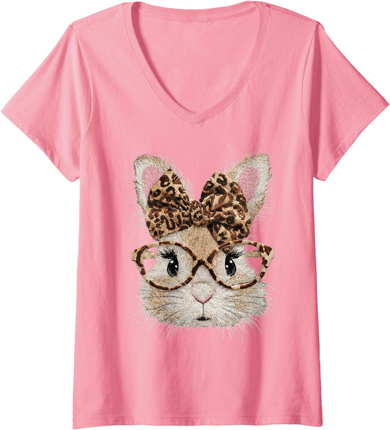 Women's Cute Bunny Rabbit Face Leopard Coquette Bow V-Neck T-Shirt in Pink