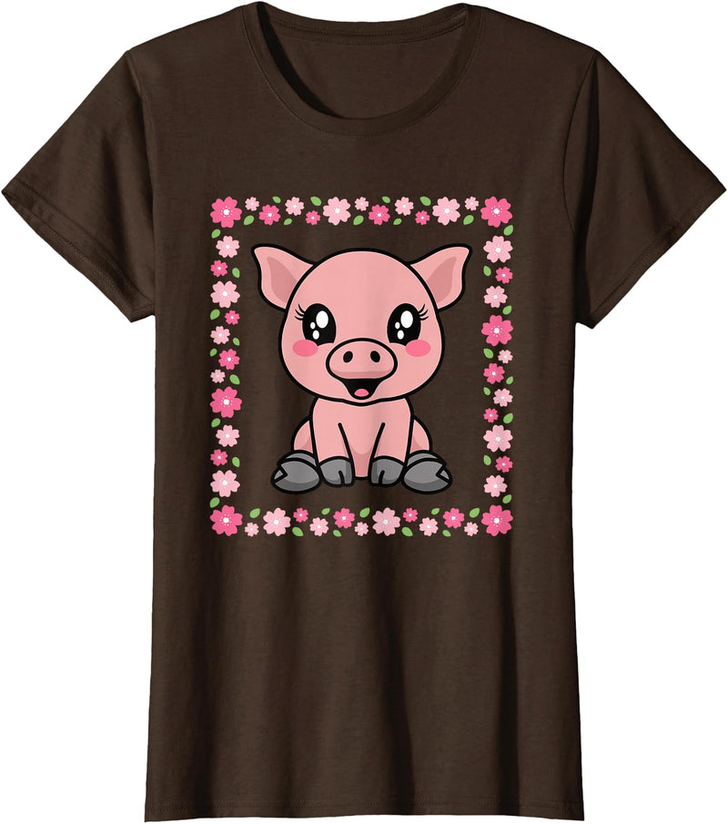 EDILILU Cute Pig Kawaii Pig Lover Piglet Women Girls T-Shirt - Brown