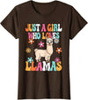 BALARI Just A Girl Who Loves Llamas Cute Groovy Alpaca Llama Kids T-Shirt - Brown
