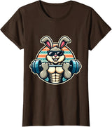 Happy Easter Bunny Rabbit Lifting Weights Training Muscular T-Shirt - Brown