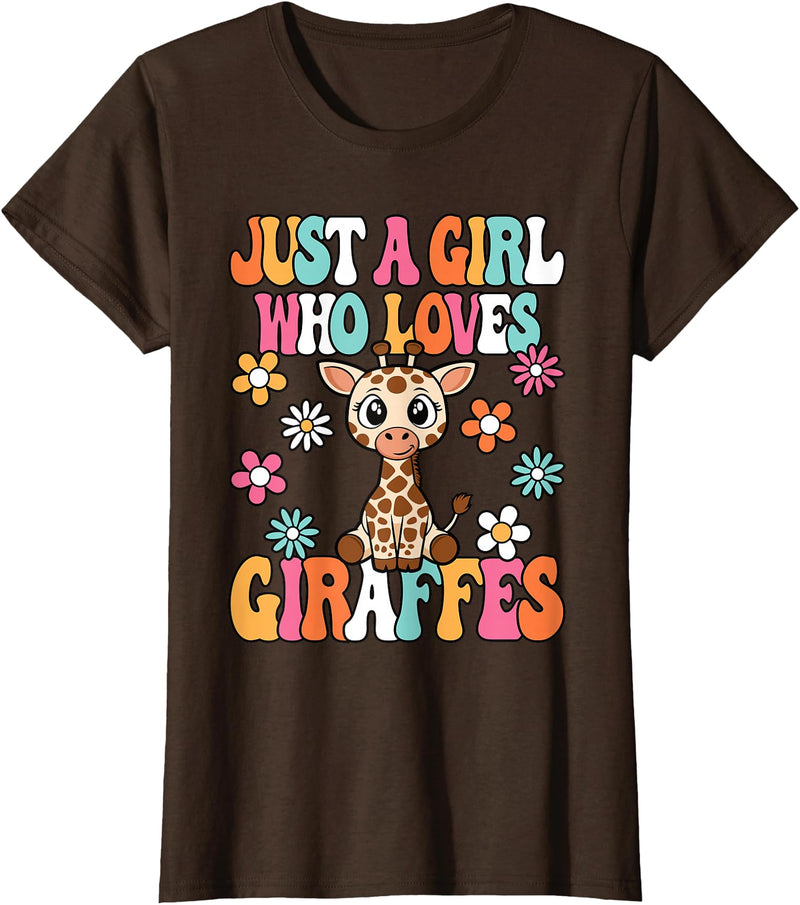 BALARI Just A Girl Who Loves Giraffes Cute Groovy Wild Animal Kids T-Shirt - Brown
