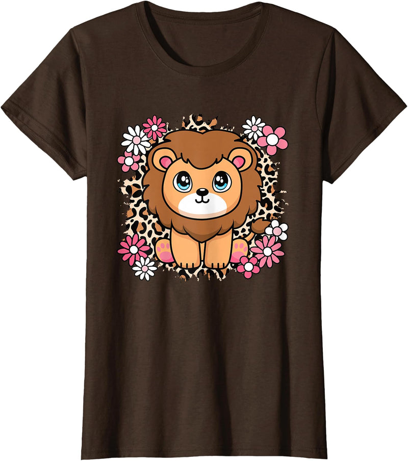 KATYLIN Cute Lion Flowers Lion Lover Women Girls Kids T-Shirt - Brown
