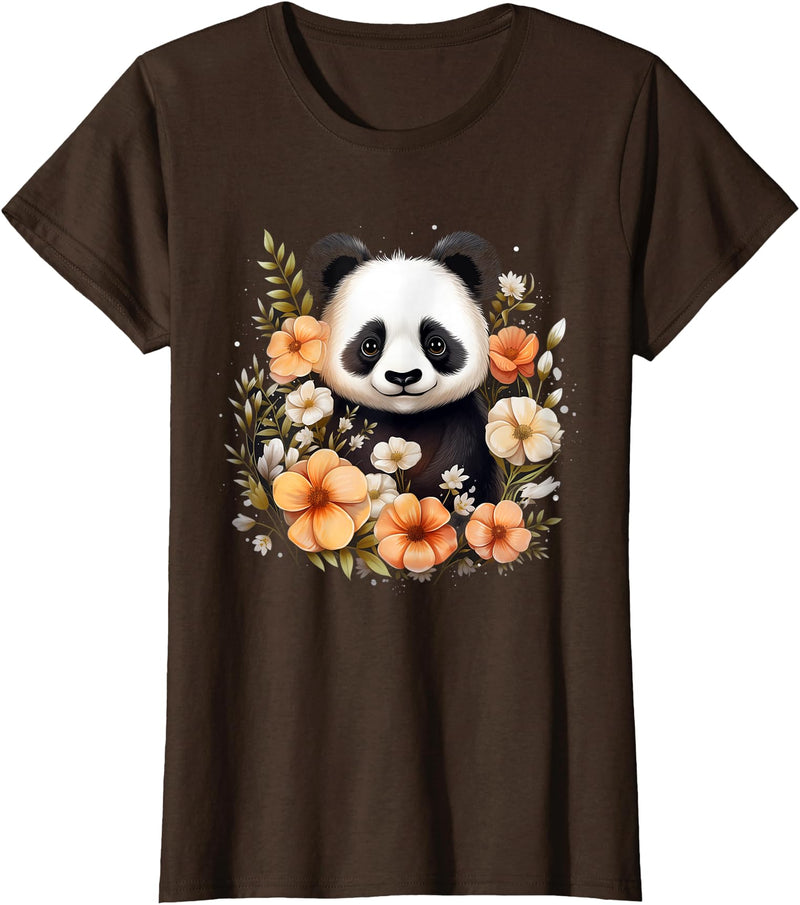 Floral Panda Bear Panda Bear Flowers Floral Girls Kids Funny Cute Panda Lover T-Shirt - Brown