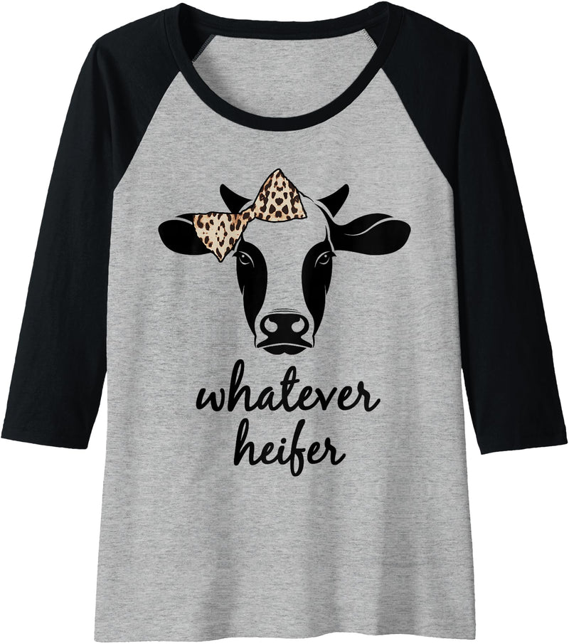 Daphne Ranching Tees Womens Whatever Heifer Funny Cow With Leopard Print Bow Cowgirl Raglan Baseball Tee - Black/Athletic