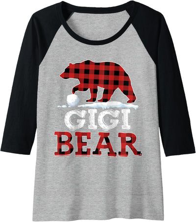 Womens Buffalo Plaid Red Xmas Christmas Gigi Bear Pajama Family Raglan Baseball Tee