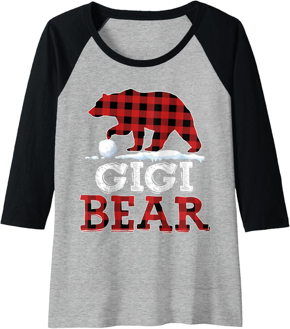 X-Mas Matching Family Pajama Buffalo Pleid Womens Buffalo Plaid Red Xmas Christmas Gigi Bear Pajama Family Raglan Baseball Tee - Black/Athletic Heather