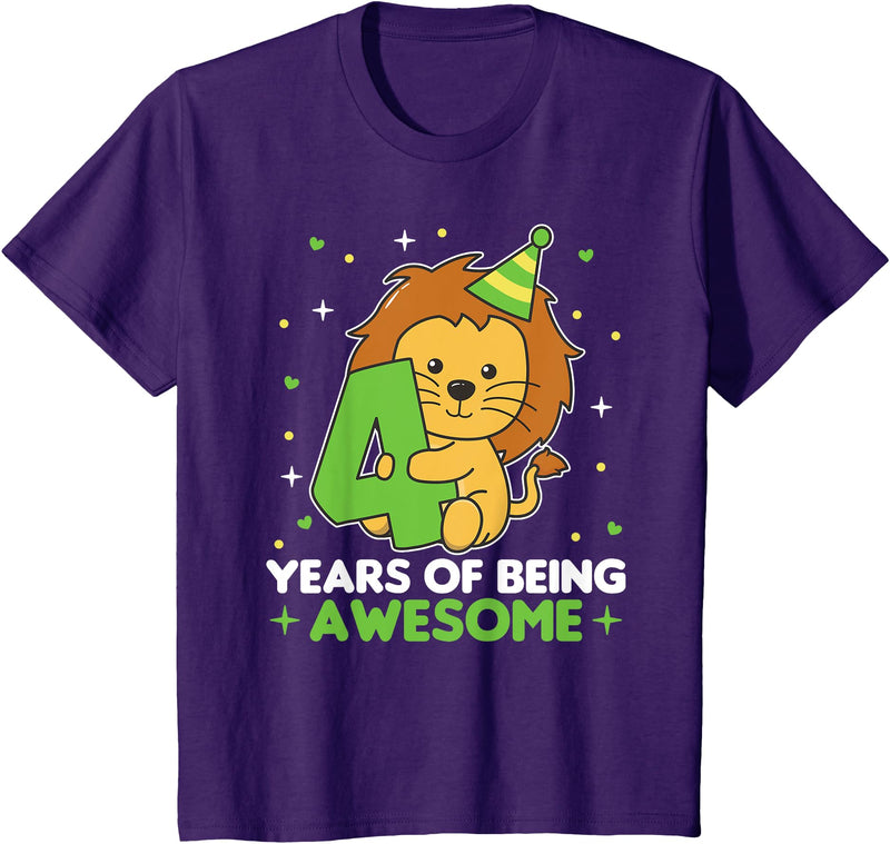 Lion Birthday Gift Cute Animals Lion 4th Birthday For Kids Four Years Old T-Shirt - Purple