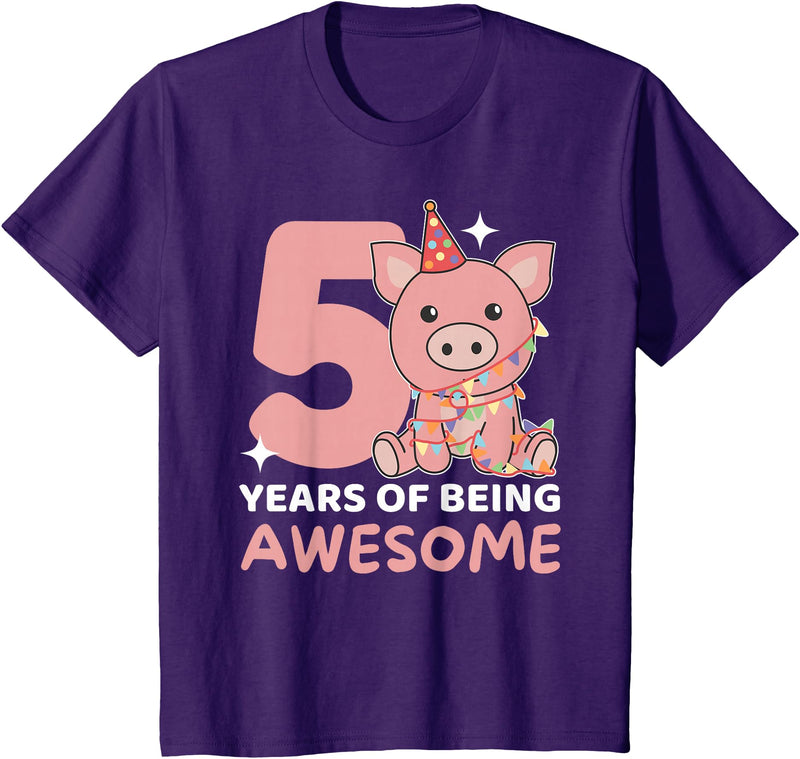 Pig Birthday Gift Cute Animals Pig For The 5th Birthday For Children Five Years Old T-Shirt - Purple