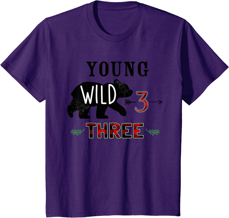 UrbanWear Bear Buffalo plaid Young Wild & Three 3 years 3rd Birthday T-Shirt - Purple