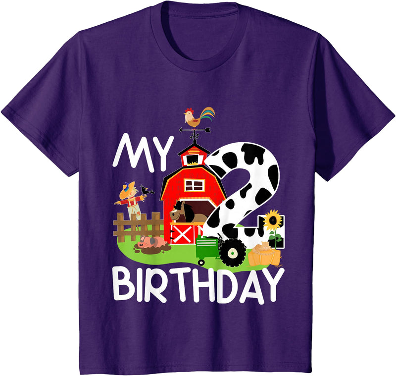 Swanky Bazaar Farm Birthday Shirt 2nd Birthday Shirt Farm Tractor Pig Horse Cow Chicken Cat T-Shirt - Purple