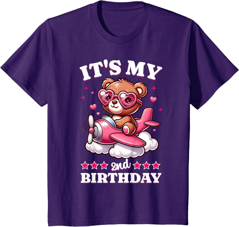 2 Year Old Girl Plane Birthday Party Kids Designs Kids 2nd Birthday Girls Airplane Birthday Party Teddy Bear Plane T-Shirt - Purple