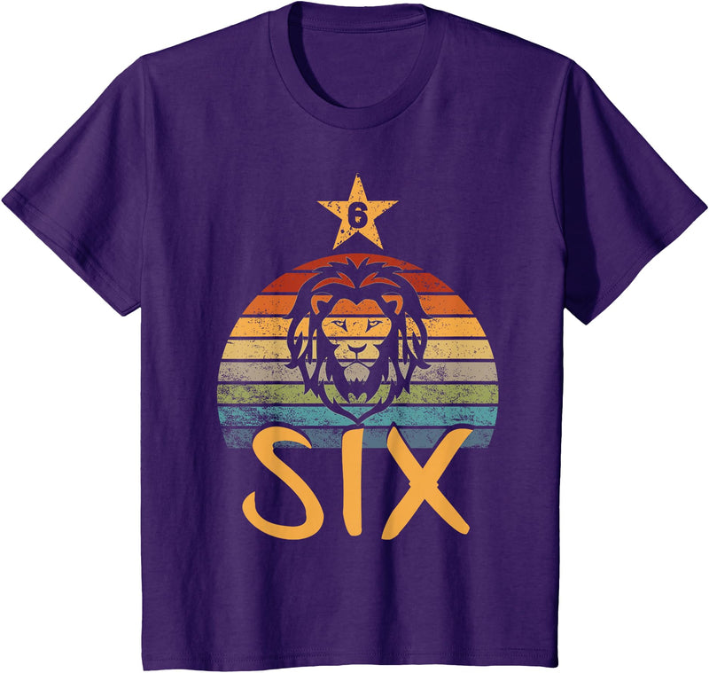 6 Birthday Lion Vintage Design Lion Birthday 6 Year Old Lion 6th Birthday Boy Girl T-Shirt - Purple