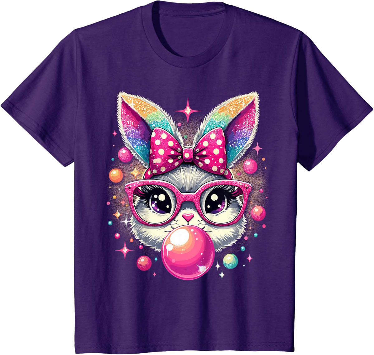 Happy Easter Bunny Tie Dye Coquette Bow Rabbit Face Easter T-Shirt - Purple