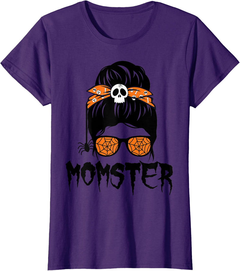 Momster Halloween Costume Skull Mom Messy Hair Bun Monster T-Shirt - Purple
