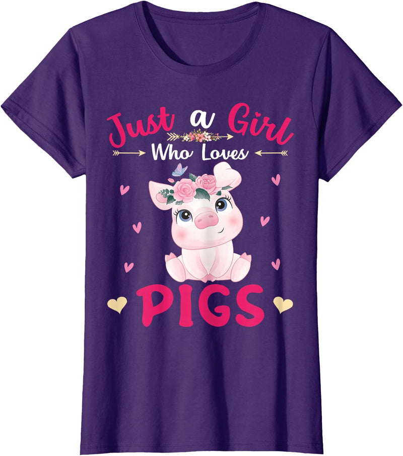 Cute Pigs Lover Girls Kids Funny Outfit Apparel's. Just A Girl Who Loves Pigs Shirt Cute Pigs Lover Girls Kids T-Shirt - Purple