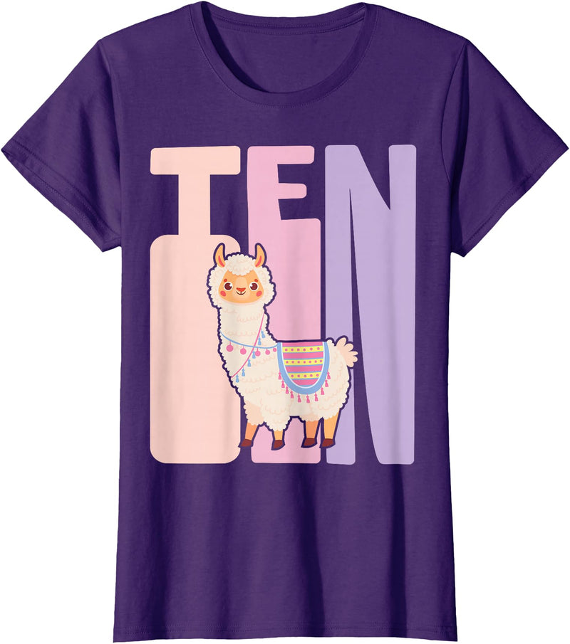 Retro Llama Alpaca Themed Girls Birthday Designs 10th Birthday Girl Cute Llama Alpaca 10 Years Old T-Shirt - Purple