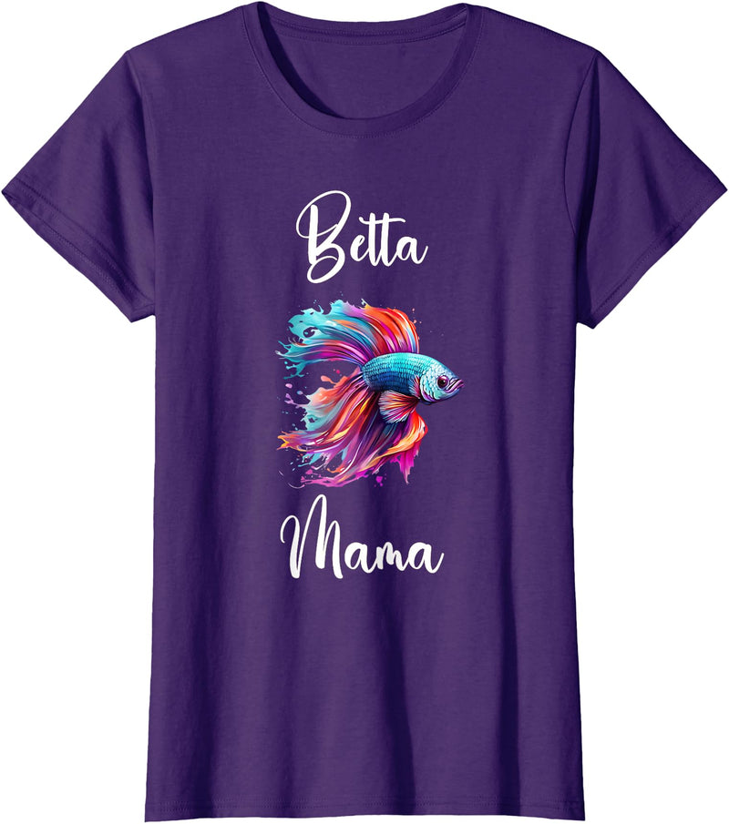 Betta Fish Family TShirtz & More Betta Mom Betta Fish Mama T-Shirt - Women's X-Small Black V-Neck Short Sleeve Cotton Polyester Modern Humor T-Shirt - Purple