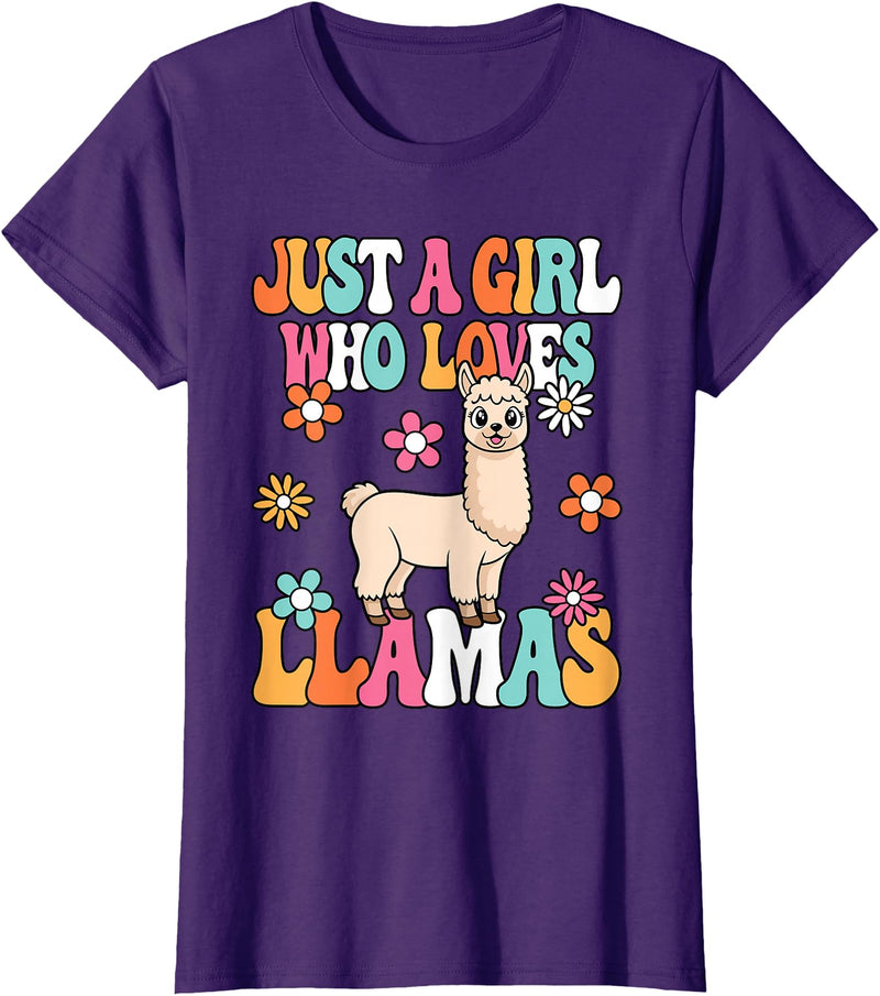 BALARI Just A Girl Who Loves Llamas Cute Groovy Alpaca Llama Kids T-Shirt - Purple
