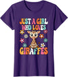 BALARI Just A Girl Who Loves Giraffes Cute Groovy Wild Animal Kids T-Shirt - Purple