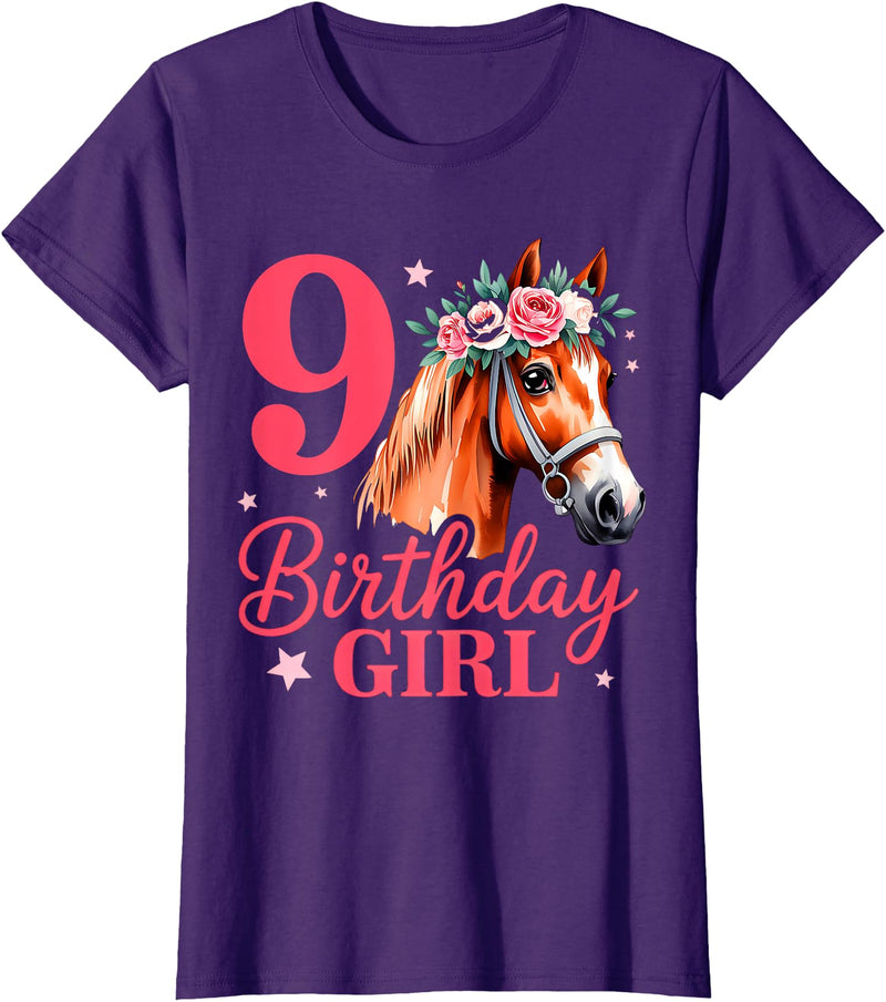 9 Years Old Horse Birthday 9th Birthday Horse Girl 9 Years Old Birthday Girl B-Day Kids T-Shirt - Purple