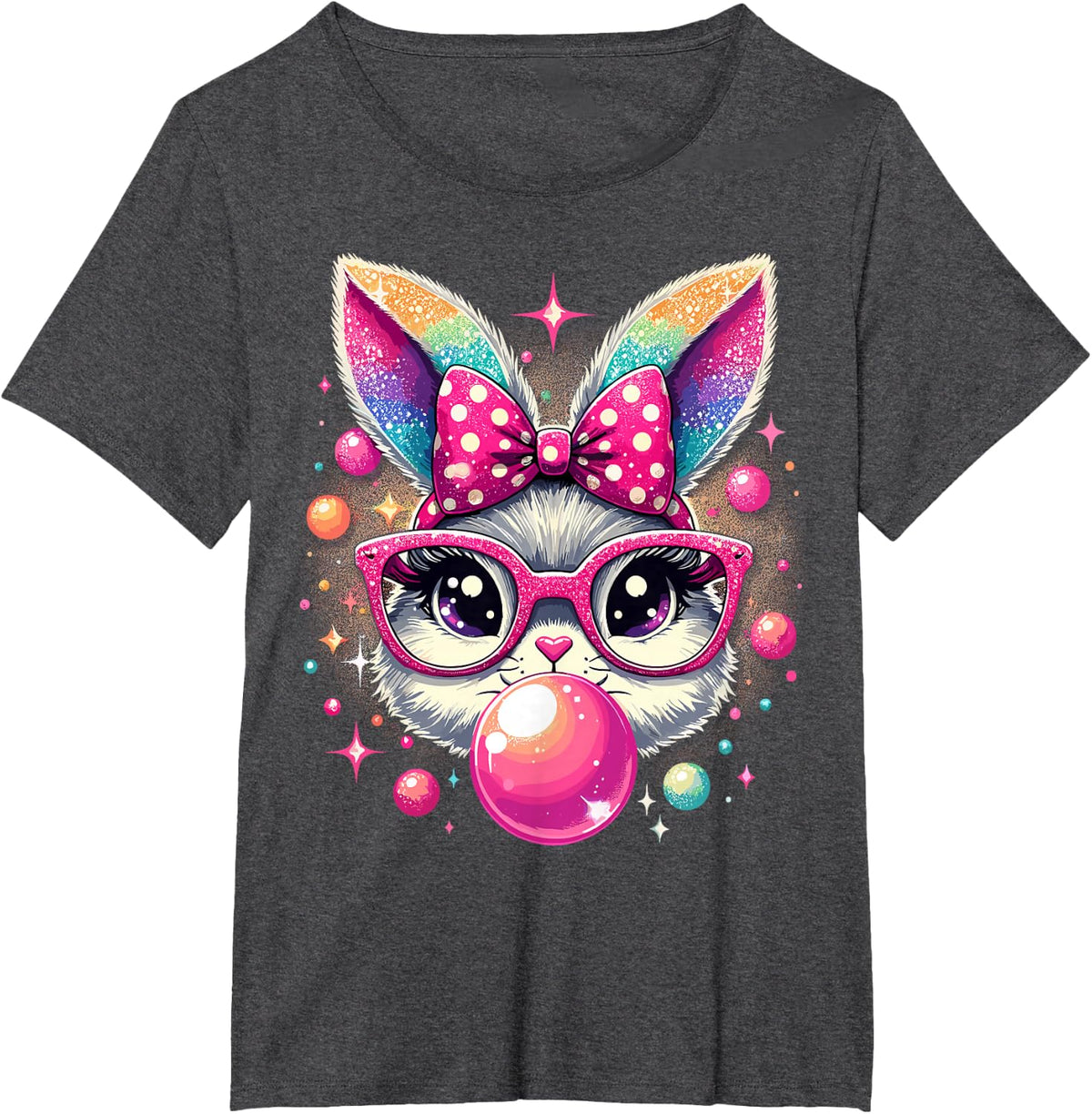Happy Easter Bunny Tie Dye Coquette Bow Rabbit Face Easter T-Shirt - Dark Heather Grey