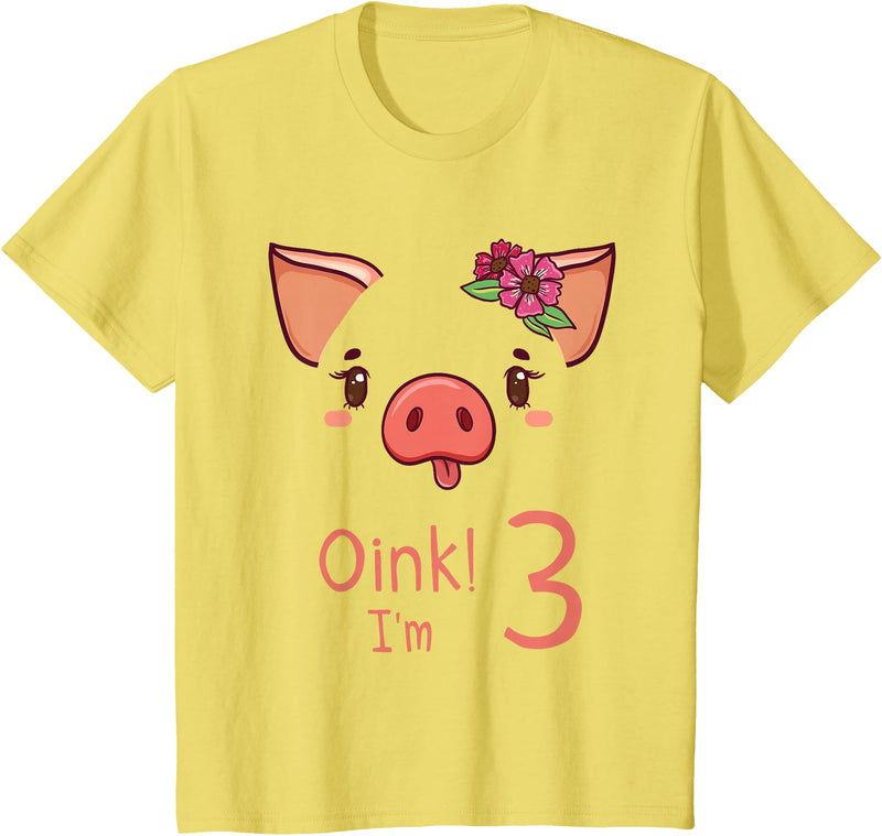 Girls Cute Pig Birthday Designs Co. 3rd Birthday Pig Outfit Pig Face Gift 3 year old Girl Boy T-Shirt - Lemon Yellow