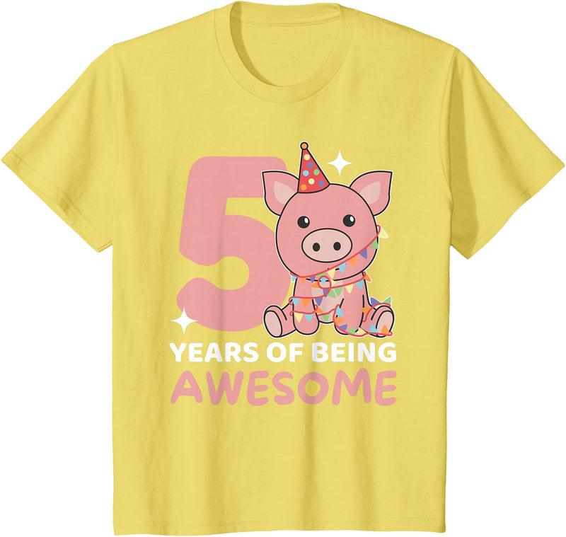 Pig Birthday Gift Cute Animals Pig For The 5th Birthday For Children Five Years Old T-Shirt - Lemon Yellow