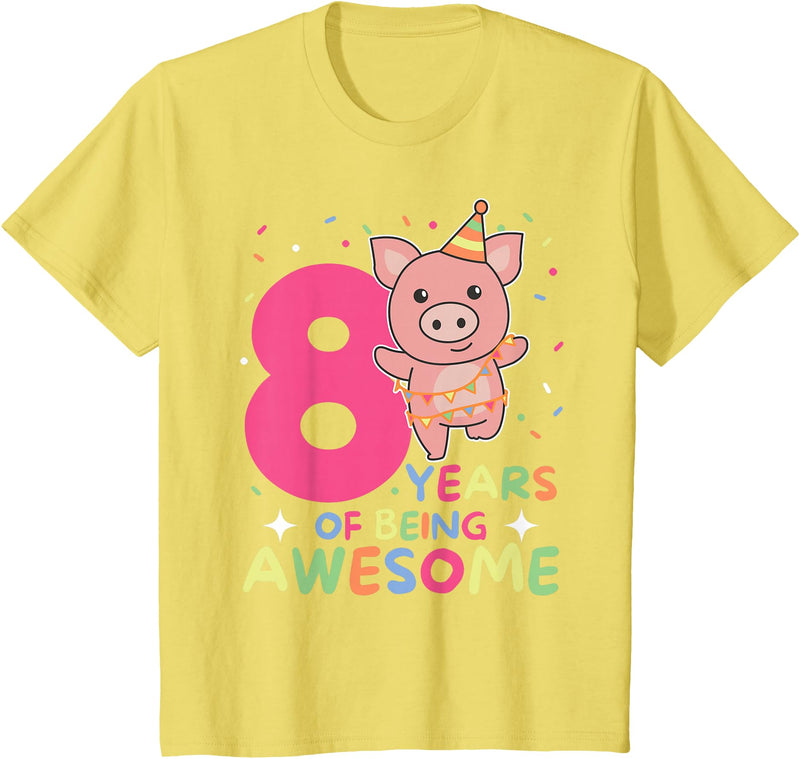 Pig Birthday Gift Cute Animals 8th Birthday Pig For Kids Eight Years Old T-Shirt - Lemon Yellow