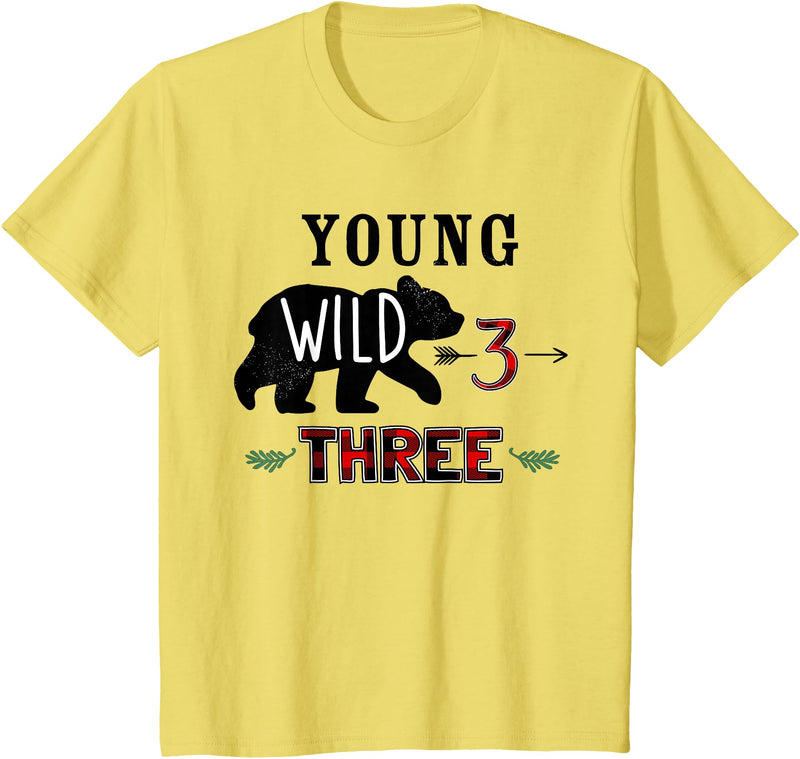 UrbanWear Bear Buffalo plaid Young Wild & Three 3 years 3rd Birthday T-Shirt - Lemon Yellow