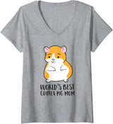 Cute Guinea Pig Gifts Womens Guinea Pig Mama World's Best Guinea Pig Mom V-Neck T-Shirt - Heather Grey