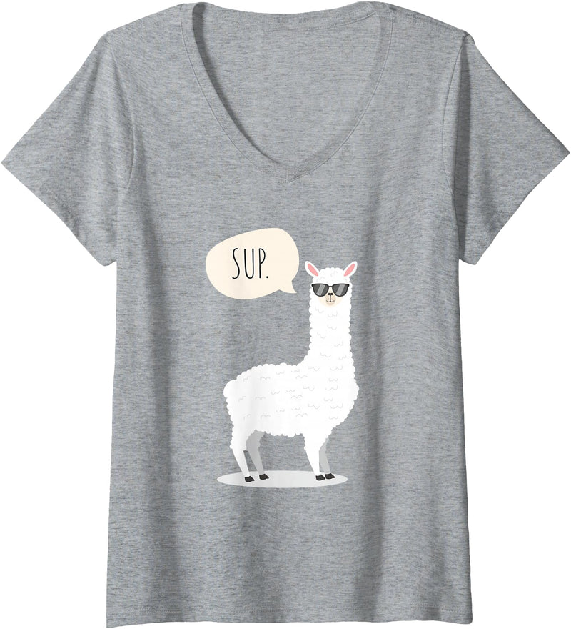 Funny & Cute Llama Gifts by OMG Womens Sup No Drama Llama Alpaca V-Neck T-Shirt - Heather Grey