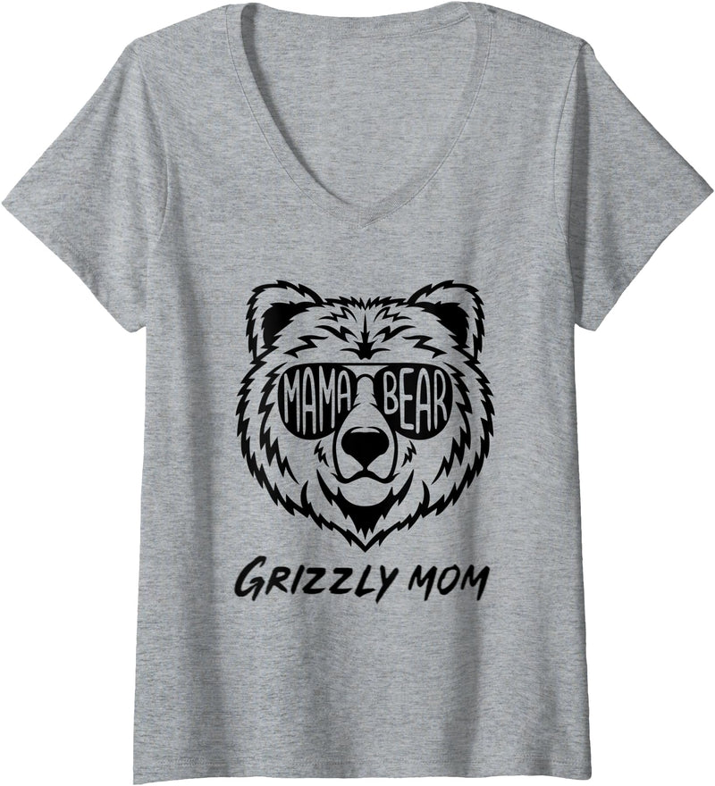 Womens Mama Bear Grizzly Mom V-Neck T-Shirt - Heather Grey