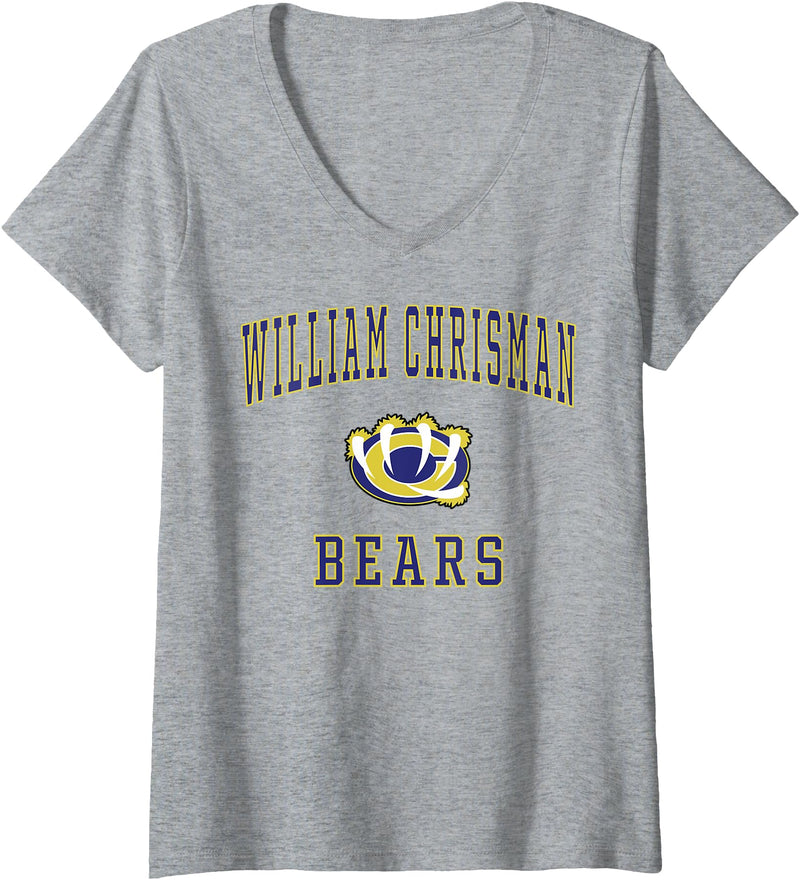 Official High School Fan Gear Womens William Chrisman High School Bears V-Neck T-Shirt - Heather Grey