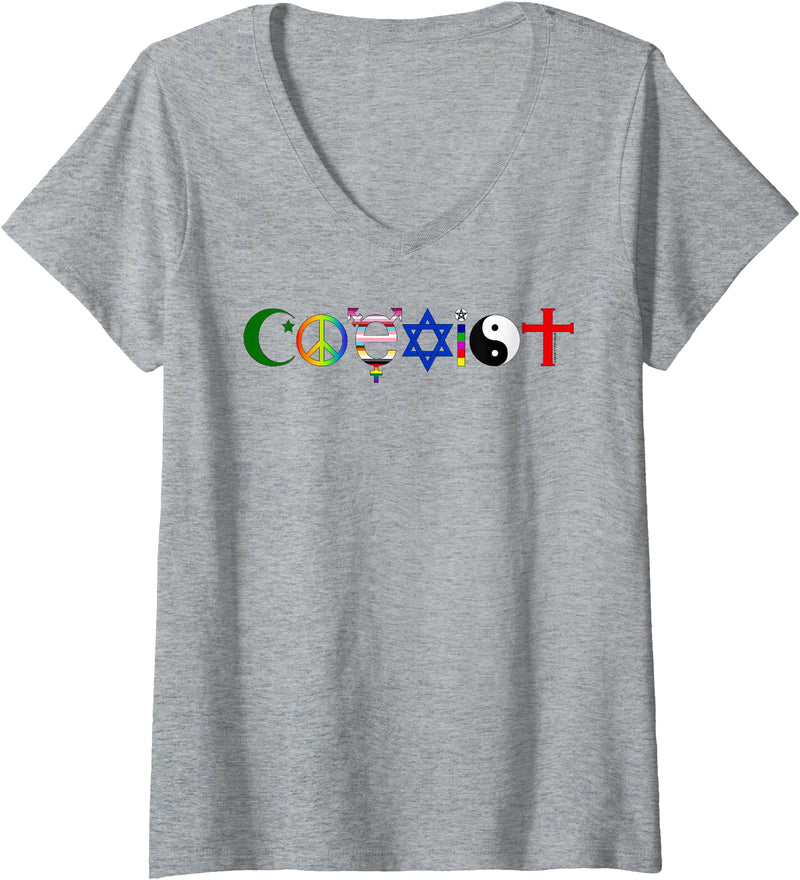 Bear In The Cloud Womens Coexist V-Neck T-Shirt - Heather Grey