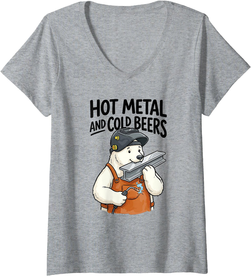 Welder Bear Humor Studio Women's Hot and Cold Beers Humor Dad Joke Polar Bear Welder Welding V-Neck T-Shirt - Heather Grey