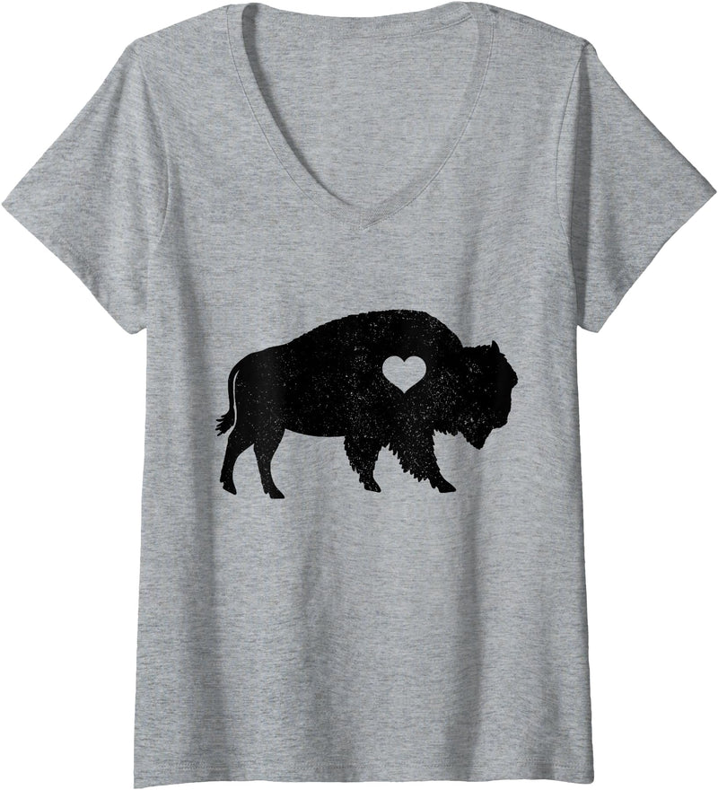We Love Bison Womens Bison Lover American Buffalo National Park Souvenir Vintage V-Neck T-Shirt - Heather Grey
