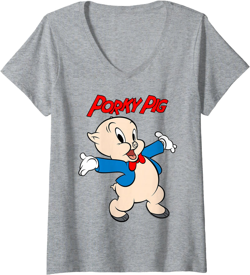 Womens Looney Tunes Porky Pig Vintage Portrait V-Neck T-Shirt - Heather Grey