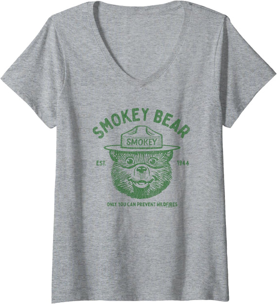 Womens Vintage Smokey Bear Logo Only You Can Prevent Wildfires V-Neck T-Shirt - Heather Grey