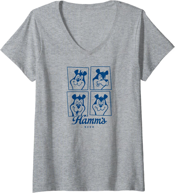 Womens Hamm's - Beer Bear Cartoon Mascot Sascha Face Grid V-Neck T-Shirt - Heather Grey
