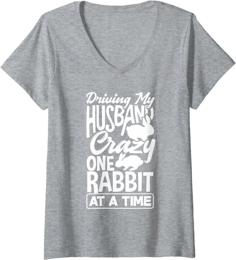 Womens Driving My Husband Crazy One Rabbit at a Time V-Neck T-Shirt in Heather Grey