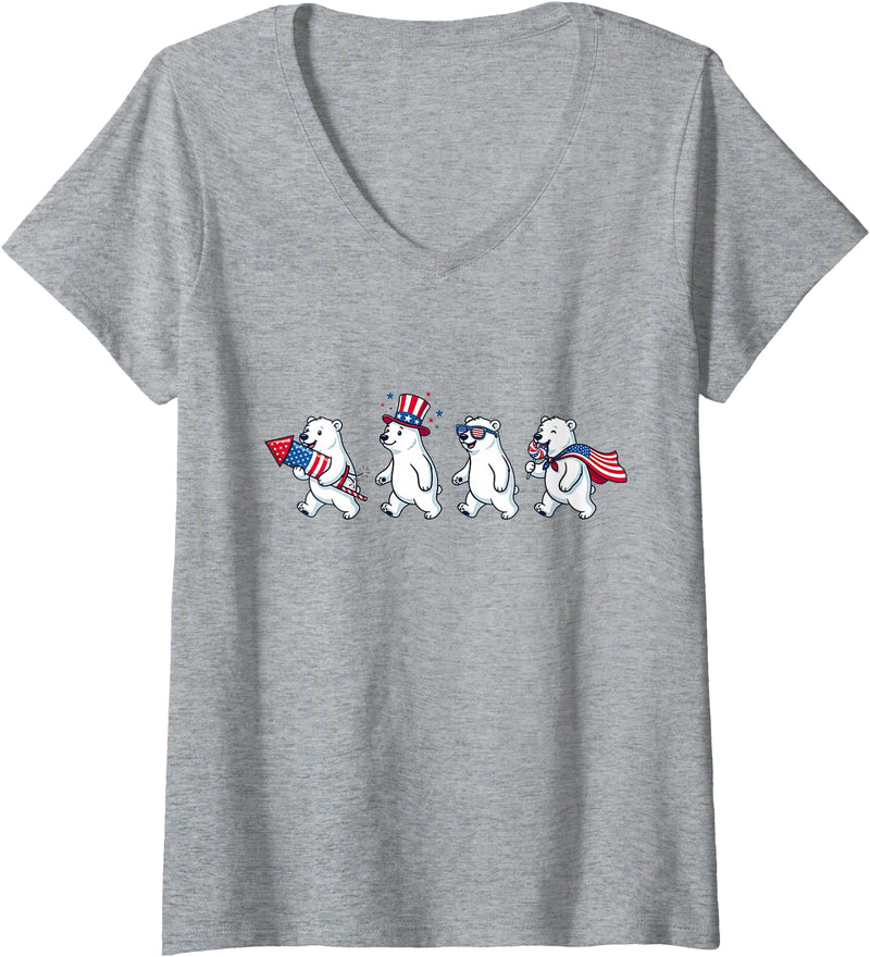 Polar Bear Lover Patriotic Veterans Day Costume Women's Funny Polar Bear American USA Flag 250 Years 4th of July V-Neck T-Shirt - Heather Grey