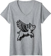 Funny Pig Humor by TKsTees Women's Funny Flying Pig Oink Aviator V-Neck T-Shirt - Heather Grey