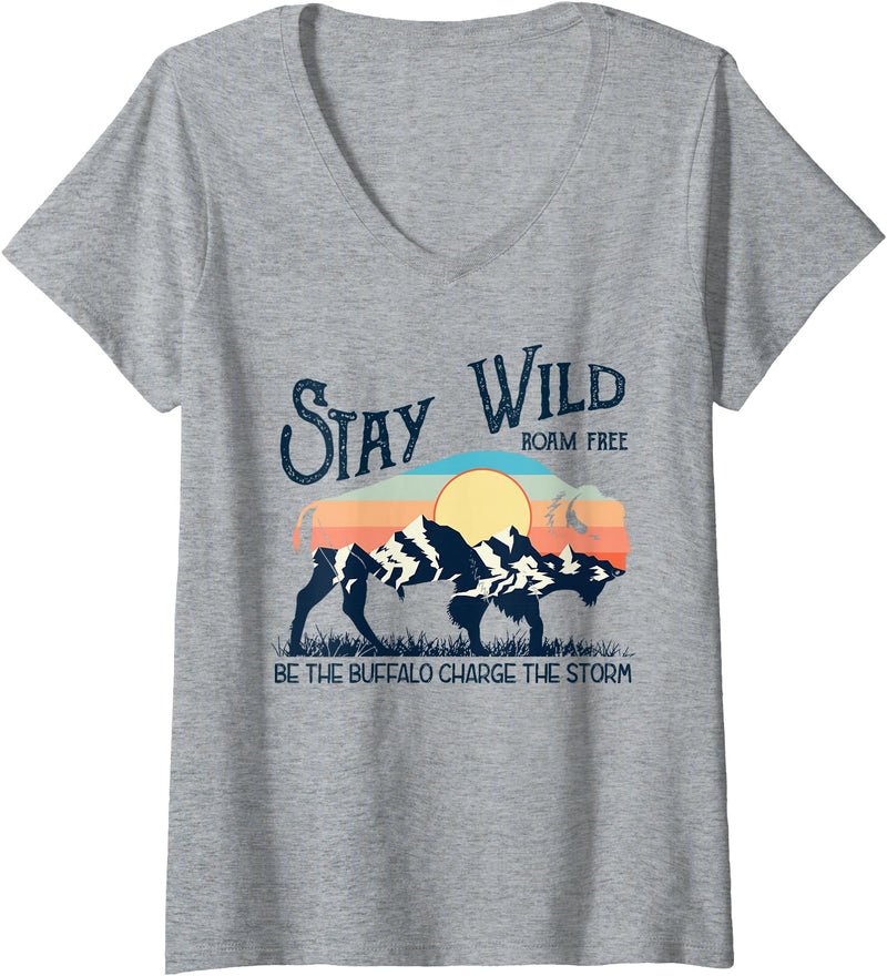 Buffalo Bison National Park Wild Animal Lover Womens W4Mx Retro Stay Wild Roam Free The Buffalo Charge The Storm V-Neck